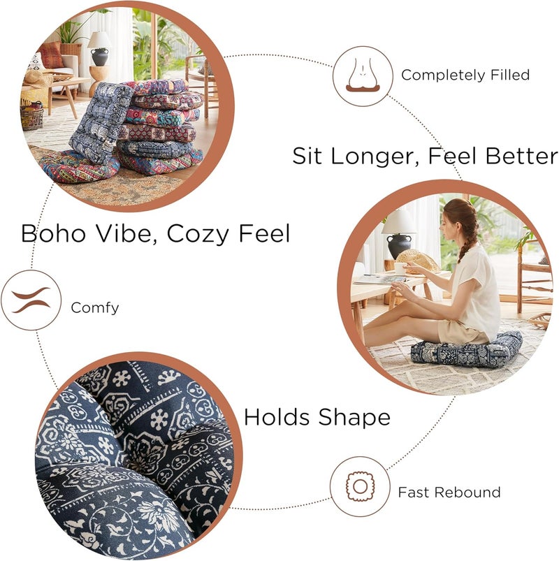 CODi Meditation Floor Pillow, Square Pillows Seating for Adults and Kids, Boho Cushion for Yoga Living Room Tatami Sitting, Memory Foam Added, 22x22 Inch, Indigo Elephant - Image 3